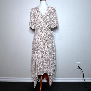 CALISTA Wrap Bitty Floral Midi Dress LARGE Short Ruffle Sleeves Cottage Core